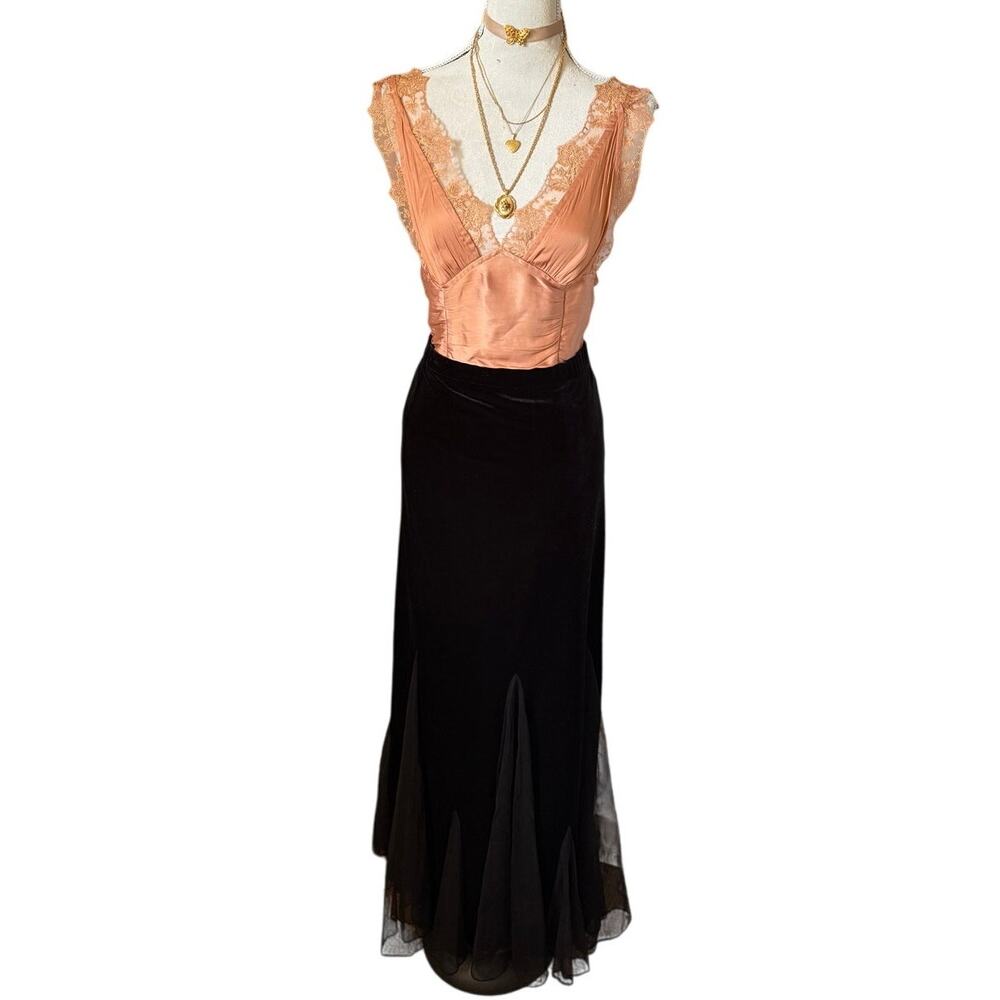 XSCAPE Black Velvet Mesh-Inset Maxiskirt (M)
